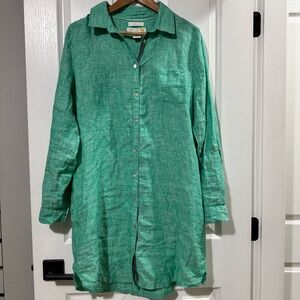 100% Linen Button Down Long-Sleeved Dress Beach Coverup Green Size Large
